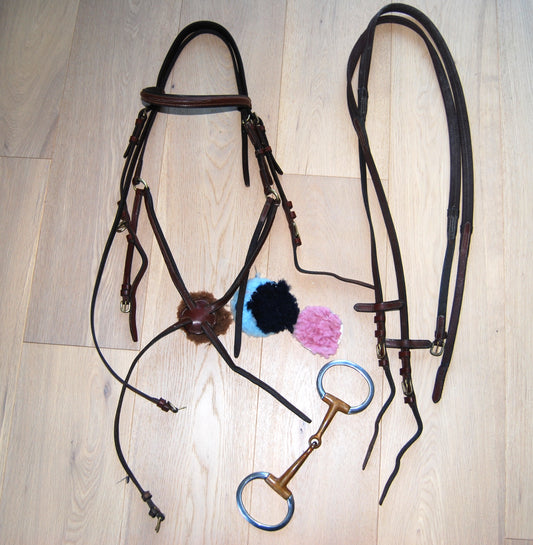 JL Pony Hoofdstel Bruin Leren Bit en Teugels (4 verschillende vachtkleuren)