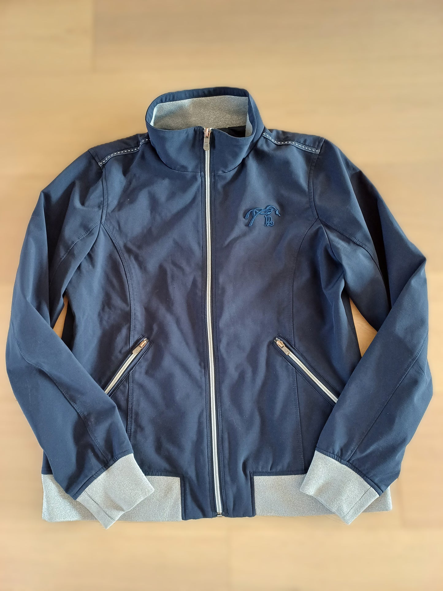 Penelope Navy Jacket, Maat L, met Grijze Mouwen met Pailletten - Rijden
