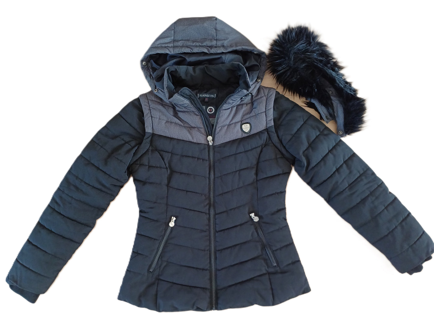 Flags&amp;Cup Zwart Jasje, Maat S, Bontkraag, Afneembare Mouwen